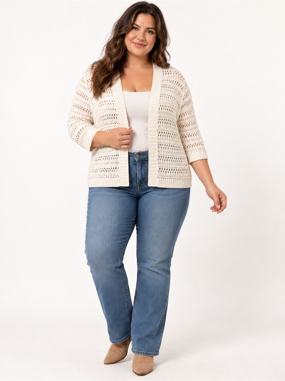 Lane Bryant Quarter Sleeve Open-Knit Cardigan